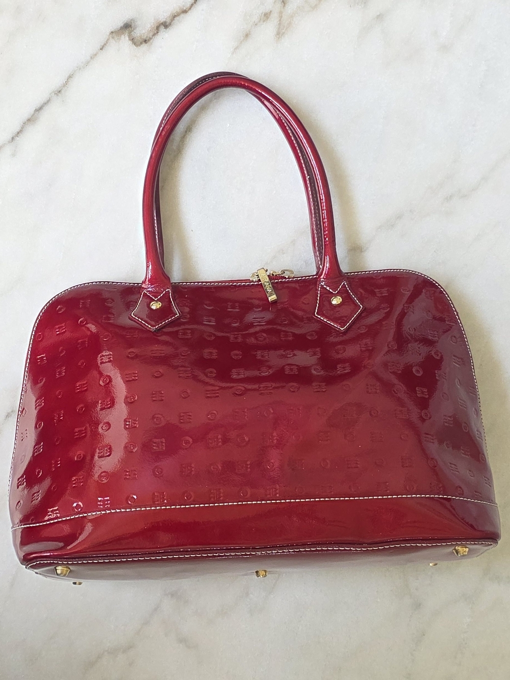 Arcadia Italian Patent Leather Monogram Zip Satchel in Cherry Red - Picture 13 of 15